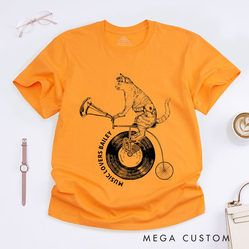 Personalized Classic T-Shirts Cat on Vinyl Bicycle and Quirky Music and Cycling Graphic Tee Perfect for Animal and Music Lovers Gift