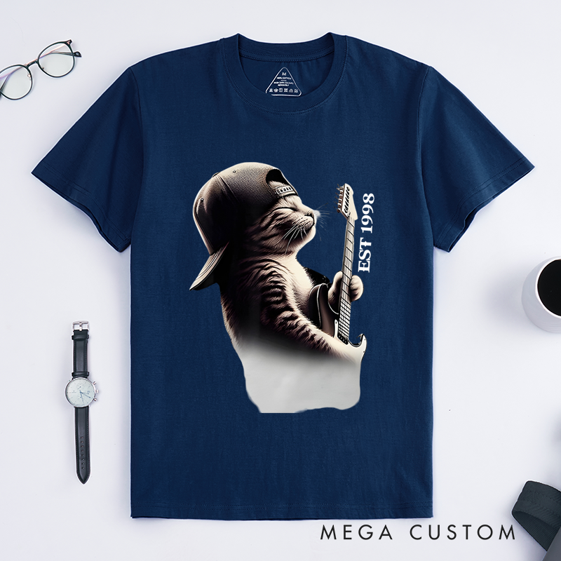 Personalized Classic T-Shirts Cool Cat Guitarist Graphic Tee Funky Feline Rock Music Tee for Music Lovers and Unique Cat Lover Gift