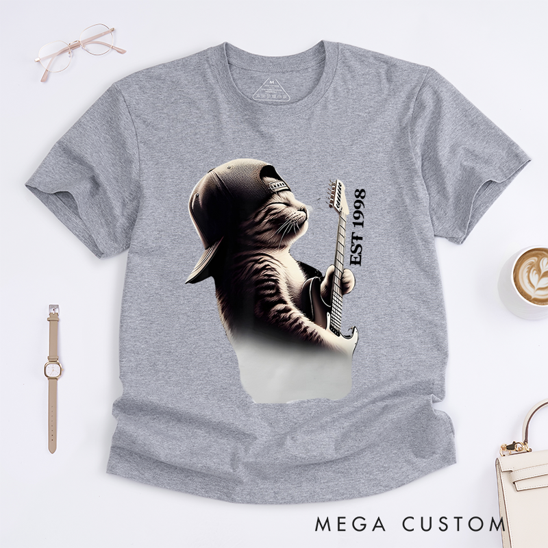 Personalized Classic T-Shirts Cool Cat Guitarist Graphic Tee Funky Feline Rock Music Tee for Music Lovers and Unique Cat Lover Gift