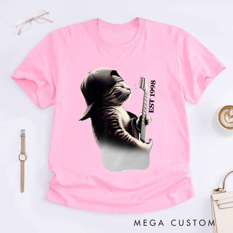 Personalized Classic T-Shirts Cool Cat Guitarist Graphic Tee Funky Feline Rock Music Tee for Music Lovers and Unique Cat Lover Gift