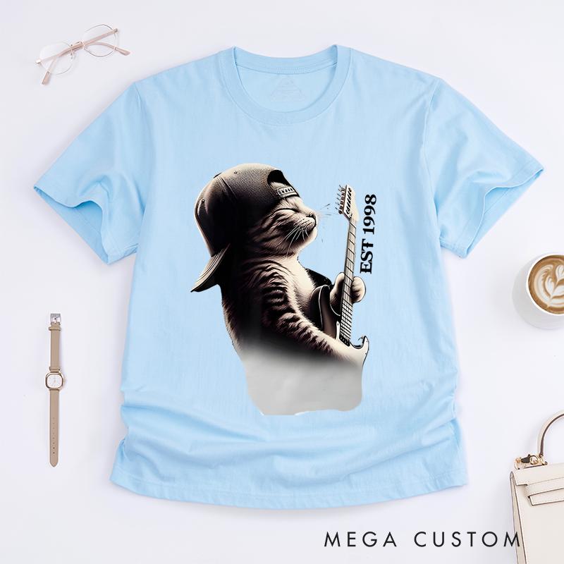 Personalized Classic T-Shirts Cool Cat Guitarist Graphic Tee Funky Feline Rock Music Tee for Music Lovers and Unique Cat Lover Gift