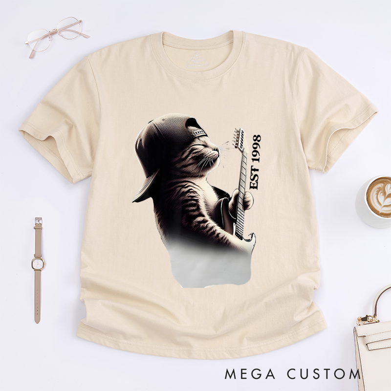 Personalized Classic T-Shirts Cool Cat Guitarist Graphic Tee Funky Feline Rock Music Tee for Music Lovers and Unique Cat Lover Gift