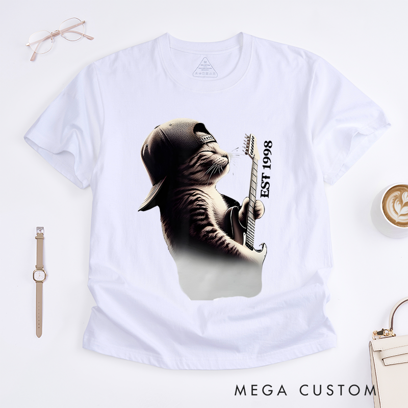 Personalized Classic T-Shirts Cool Cat Guitarist Graphic Tee Funky Feline Rock Music Tee for Music Lovers and Unique Cat Lover Gift