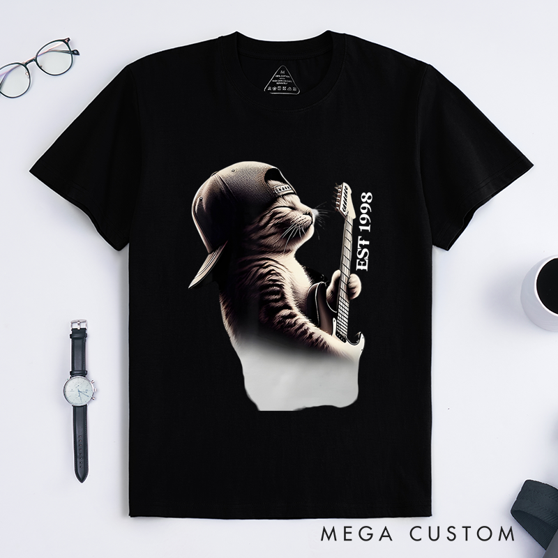 Personalized Classic T-Shirts Cool Cat Guitarist Graphic Tee Funky Feline Rock Music Tee for Music Lovers and Unique Cat Lover Gift