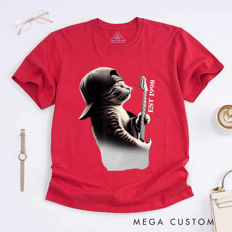 Personalized Classic T-Shirts Cool Cat Guitarist Graphic Tee Funky Feline Rock Music Tee for Music Lovers and Unique Cat Lover Gift