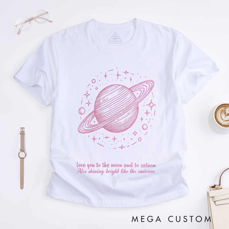 Personalized Classic T-Shirts Galactic Shimmer Tee Celestial Planetary Design with Pink Cosmic Vibes Tee