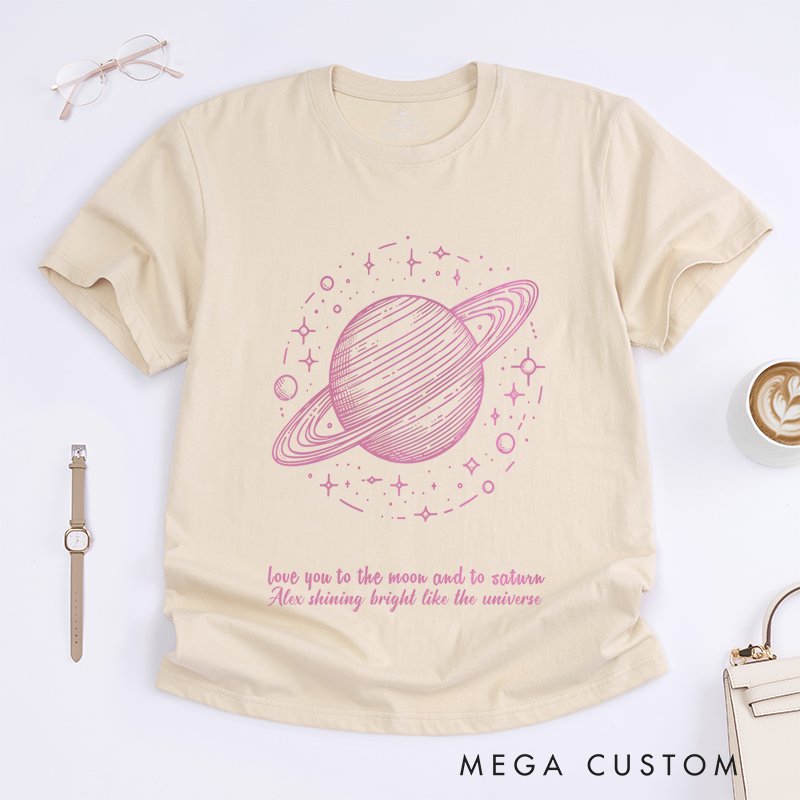 Personalized Classic T-Shirts Galactic Shimmer Tee Celestial Planetary Design with Pink Cosmic Vibes Tee