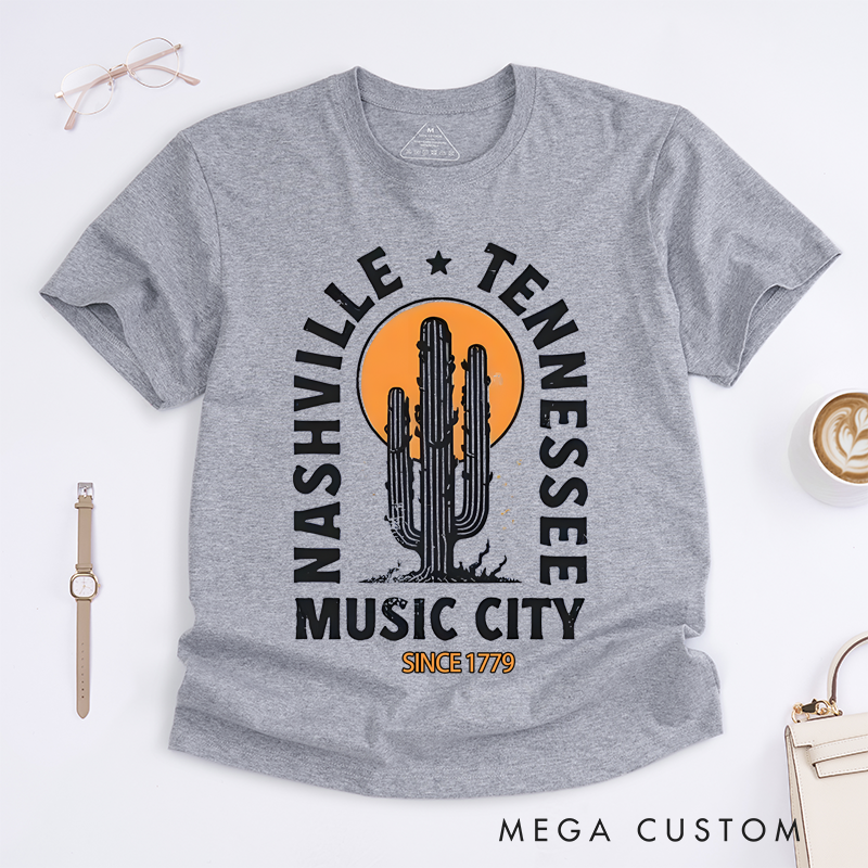 Personalized Classic T-Shirts Nashville Music City T-Shirt Cactus and Sunset Graphic Tee Perfect for Travel and Country Music Fans T-Shirt
