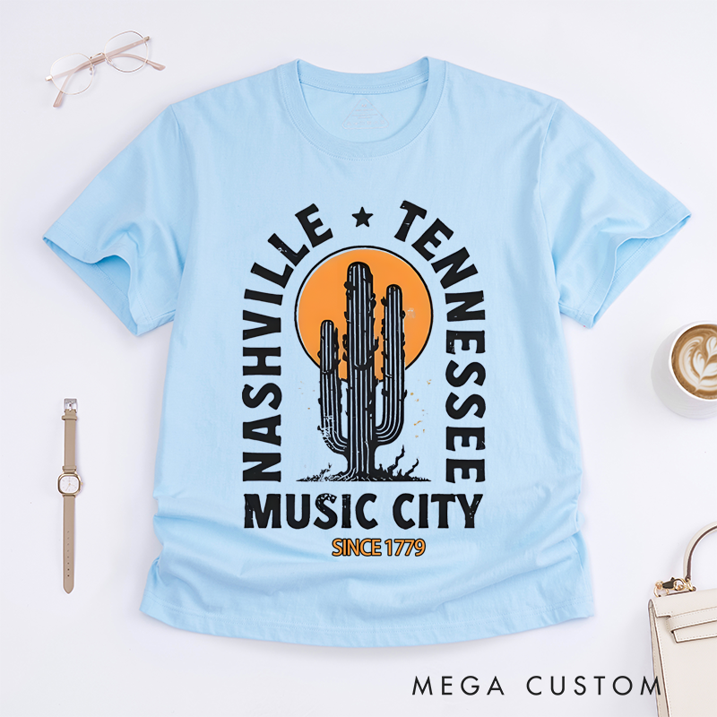 Personalized Classic T-Shirts Nashville Music City T-Shirt Cactus and Sunset Graphic Tee Perfect for Travel and Country Music Fans T-Shirt