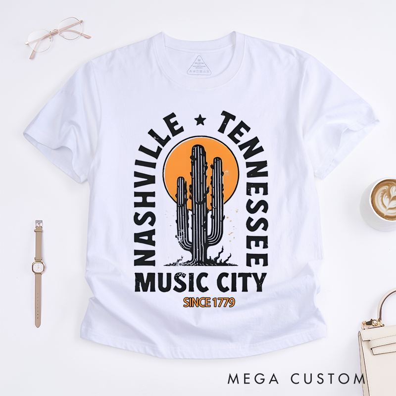Personalized Classic T-Shirts Nashville Music City T-Shirt Cactus and Sunset Graphic Tee Perfect for Travel and Country Music Fans T-Shirt
