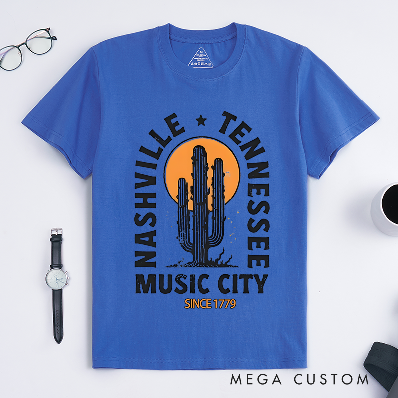 Personalized Classic T-Shirts Nashville Music City T-Shirt Cactus and Sunset Graphic Tee Perfect for Travel and Country Music Fans T-Shirt