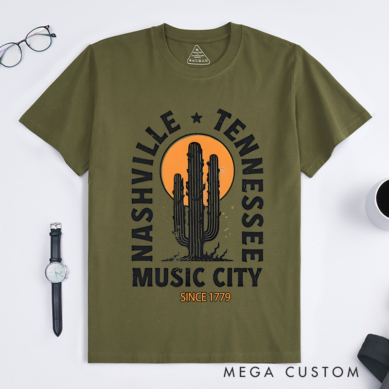Personalized Classic T-Shirts Nashville Music City T-Shirt Cactus and Sunset Graphic Tee Perfect for Travel and Country Music Fans T-Shirt