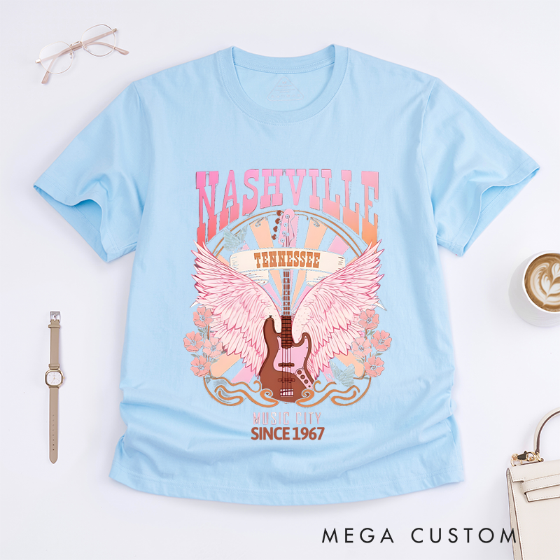 Personalized Classic T-Shirts Nashville Music City and Pink Guitar and Wings Graphic Tee Perfect for Music Lovers and Tennessee Fans Gift
