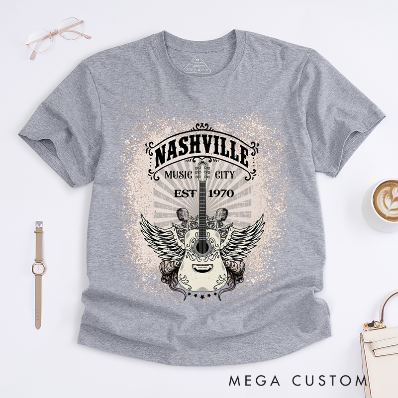 Personalized Classic T-Shirts Nashville Music City and Vintage Guitar and Wings Tee and Country Music Perfect for Music Lovers T-Shirt
