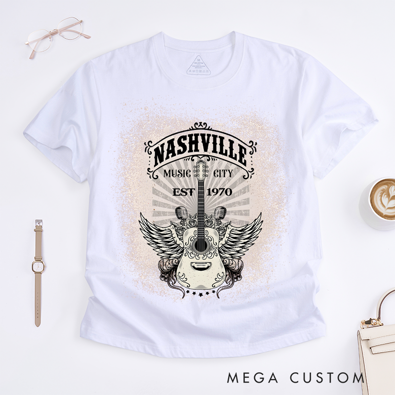 Personalized Classic T-Shirts Nashville Music City and Vintage Guitar and Wings Tee and Country Music Perfect for Music Lovers T-Shirt