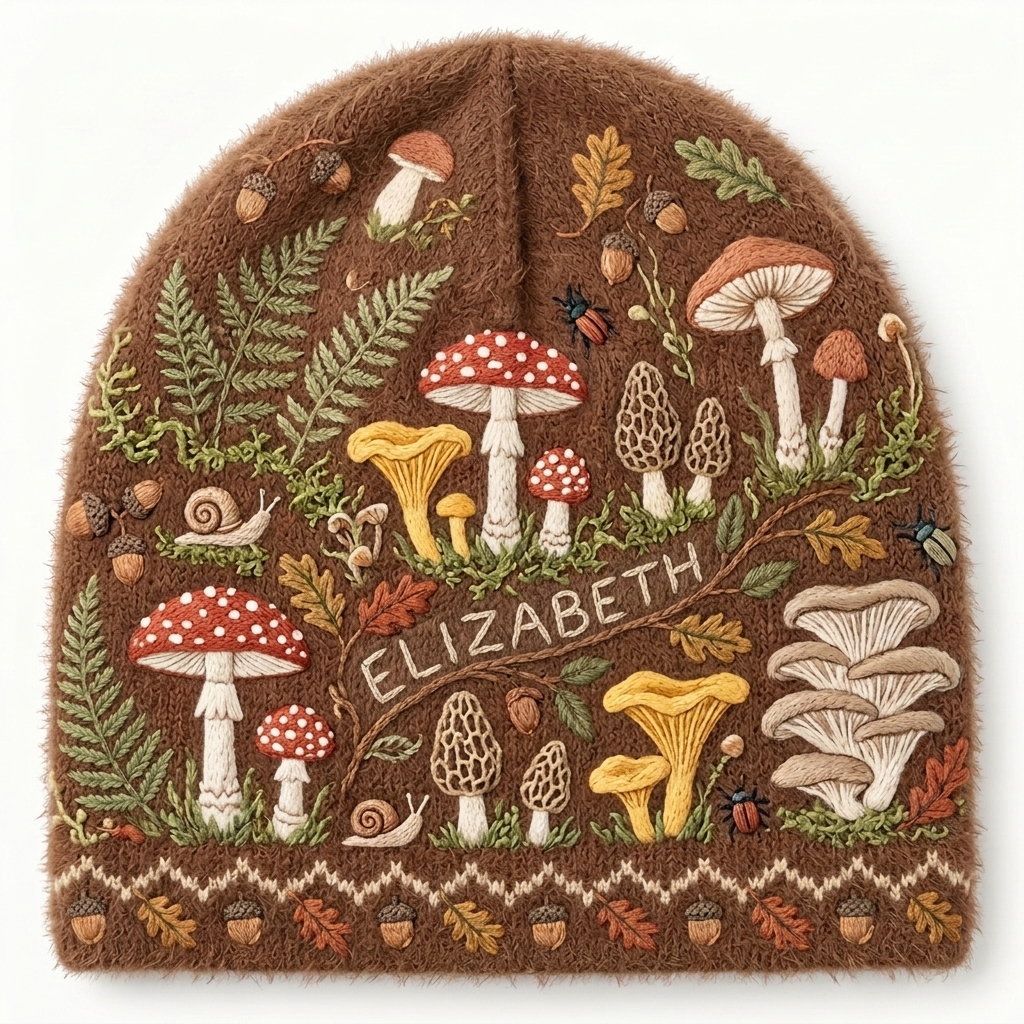 Personalized Forest Mushroom Printed Beanie | Custom Name Woodland Winter Knit Hat