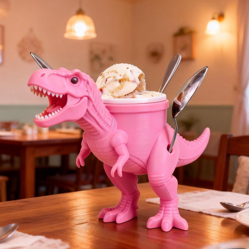 Dinosaur Theme Cool Orange T Rex Ice Cream Holder 3D Printed Cozy with Spoon Slot