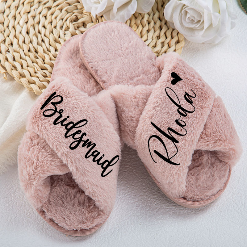 Personalized Bridesmaid Fluffy Slippers Custom Bride Name and Heart Slipper Maid of Honor Slippers Bridal Shower Gift Bachelorette Party Gift for Her