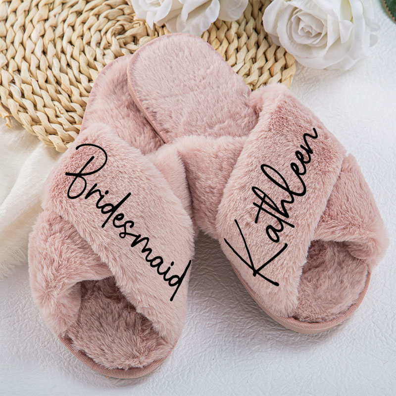 Personalized Bridesmaid Fluffy Slippers Custom Bride Name Fluffy Slipper Maid of Honor Slippers Bridal Shower Gift for Her Bachelorette Party Gift