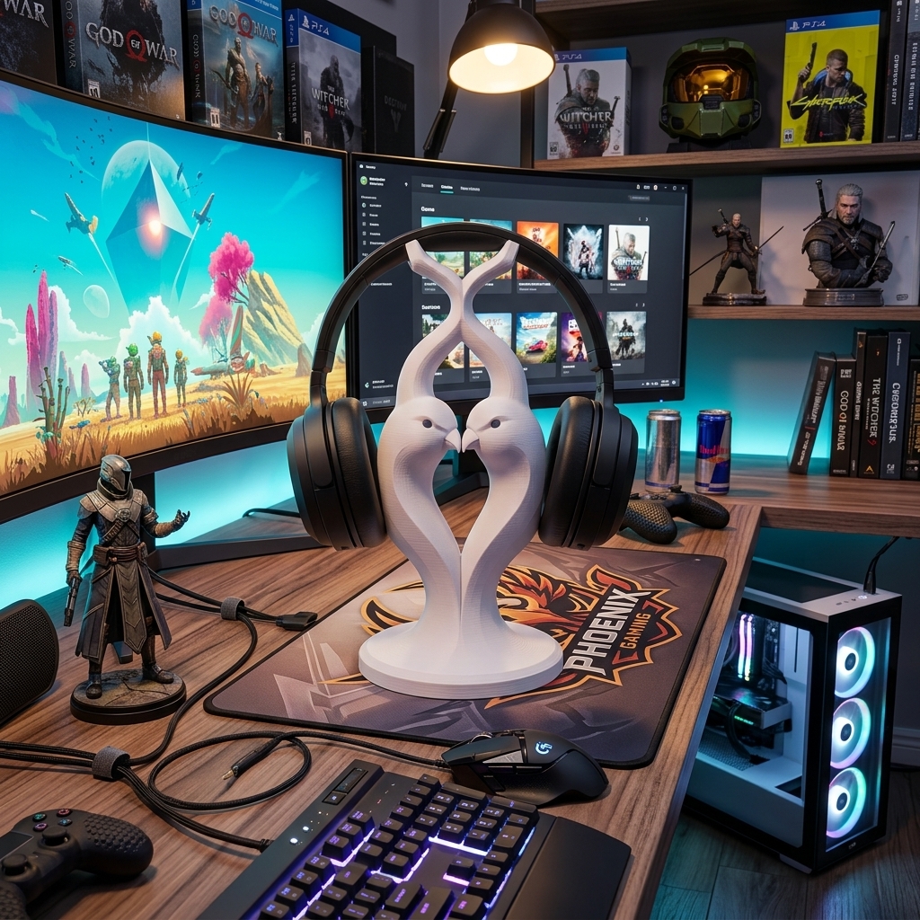 Lovebird 3D Printed Headphone Stand - Artisan Hand Painted Headset Holder for Gaming Desks and Music Lovers