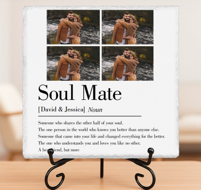 Personalized Couple Photo Soulmate Square Shaped Stone with Stand Custom Newlyweds Photo Stone Wedding Gift Christmas Valentines Day Gift for Him Her