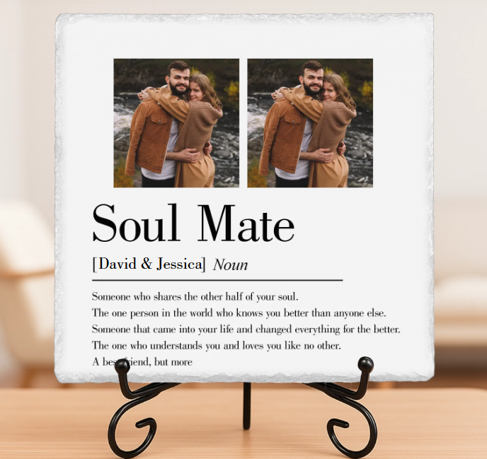 Personalized Couple Photo Soulmate Square Shaped Stone with Stand Custom Newlyweds Photo Stone Wedding Gift Christmas Valentines Day Gift for Him Her