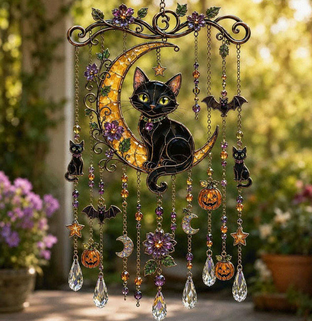 Halloween Witch Hat Suncatcher Wind Chime, Stained Glass Style Window Decor, Gothic Porch Hanging Gift for Witchy Fall Party Homes