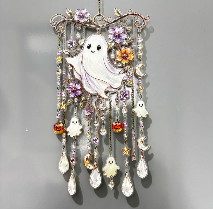 Halloween Witch Hat Suncatcher Wind Chime, Stained Glass Style Window Decor, Gothic Porch Hanging Gift for Witchy Fall Party Homes