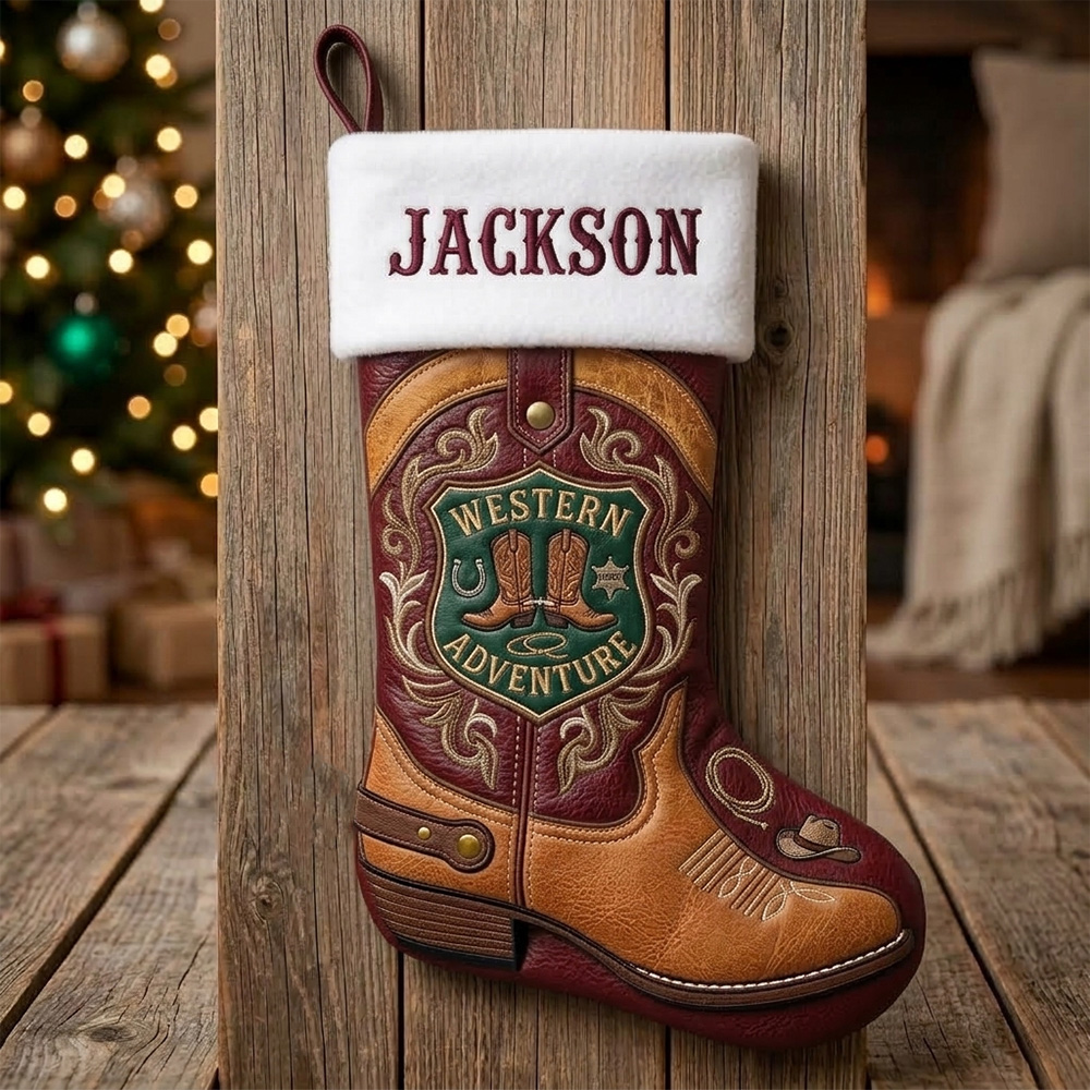 Personalized Western Boot Christmas Stocking Custom Cowboy Name Holiday Stocking Rustic Country Farmhouse Decor For Kids Adults Xmas Gift
