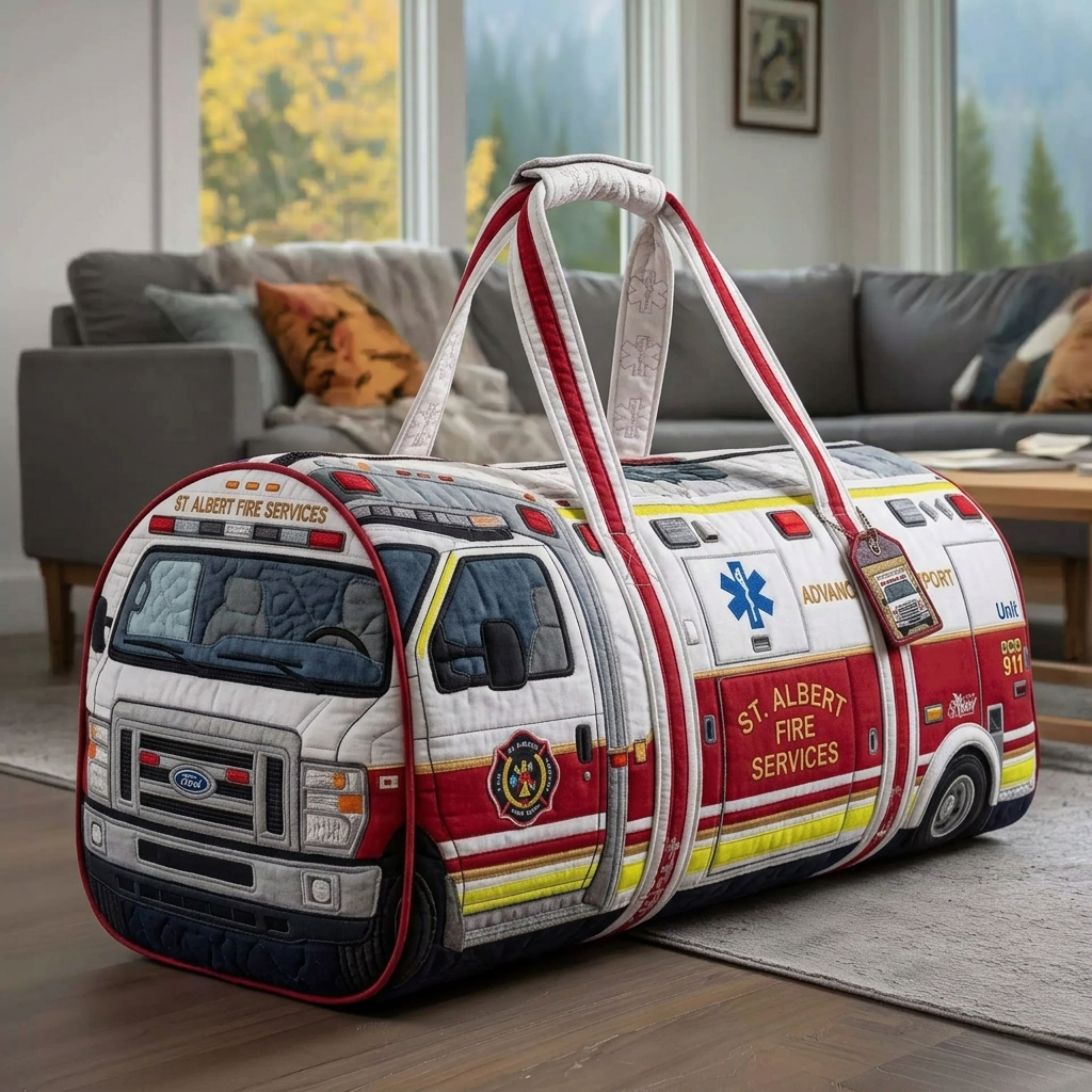 Rescue Vehicle Quilted Duffle Bag, Police Fire Truck Ambulance Novelty Canvas Overnight Weekender Bag, Lightweight Foldable Gym Sports Handbag