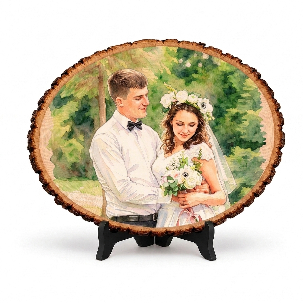 Personalized Photo Print Basswood Keepsake Custom Watercolor Photo Art on Wood Slice Engraved Log Slice Gift for Couple Photo Gift for Her Him