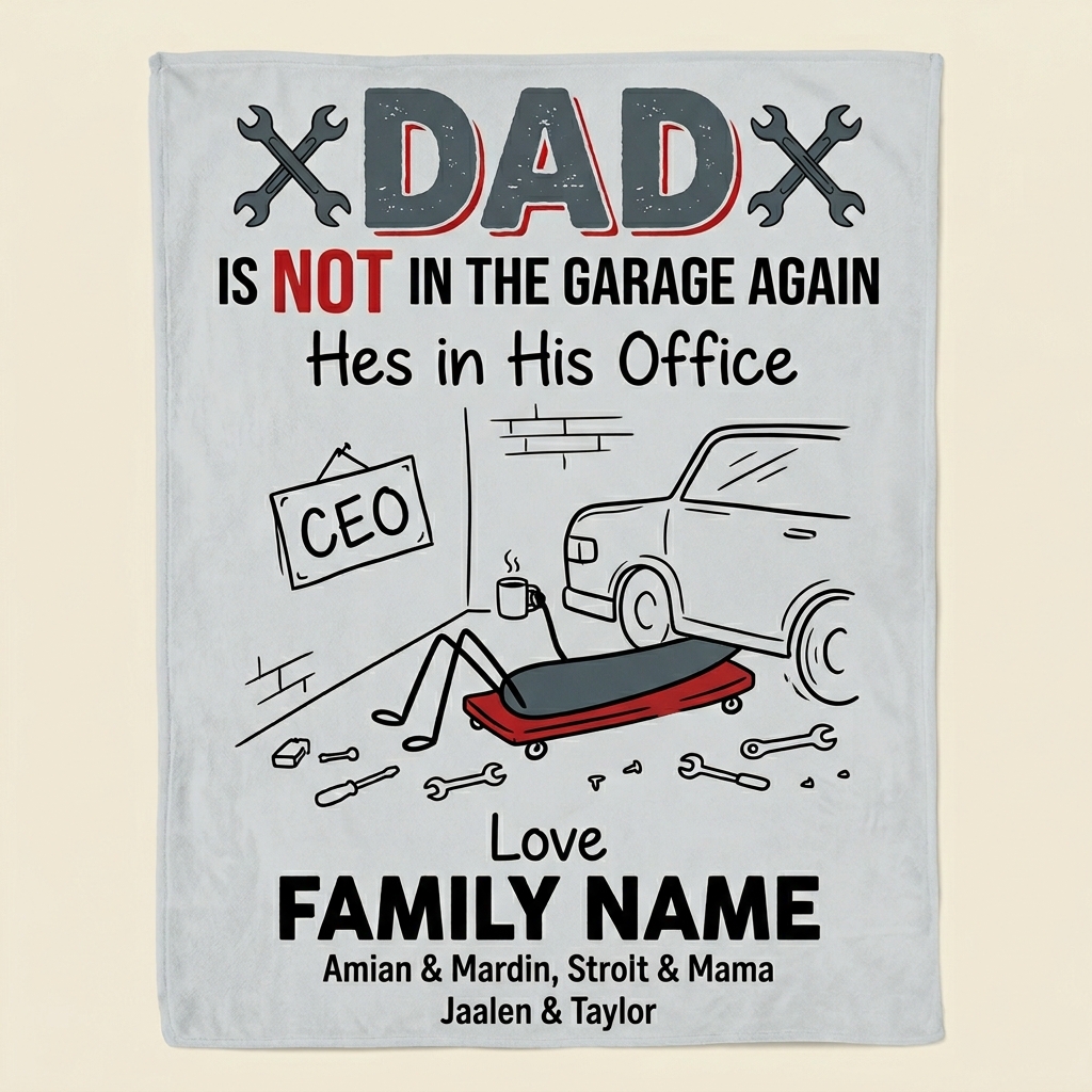 Personalized Funny Garage Dad Mechanic Personalized Family Name Fleece Blanket For Car Lovers