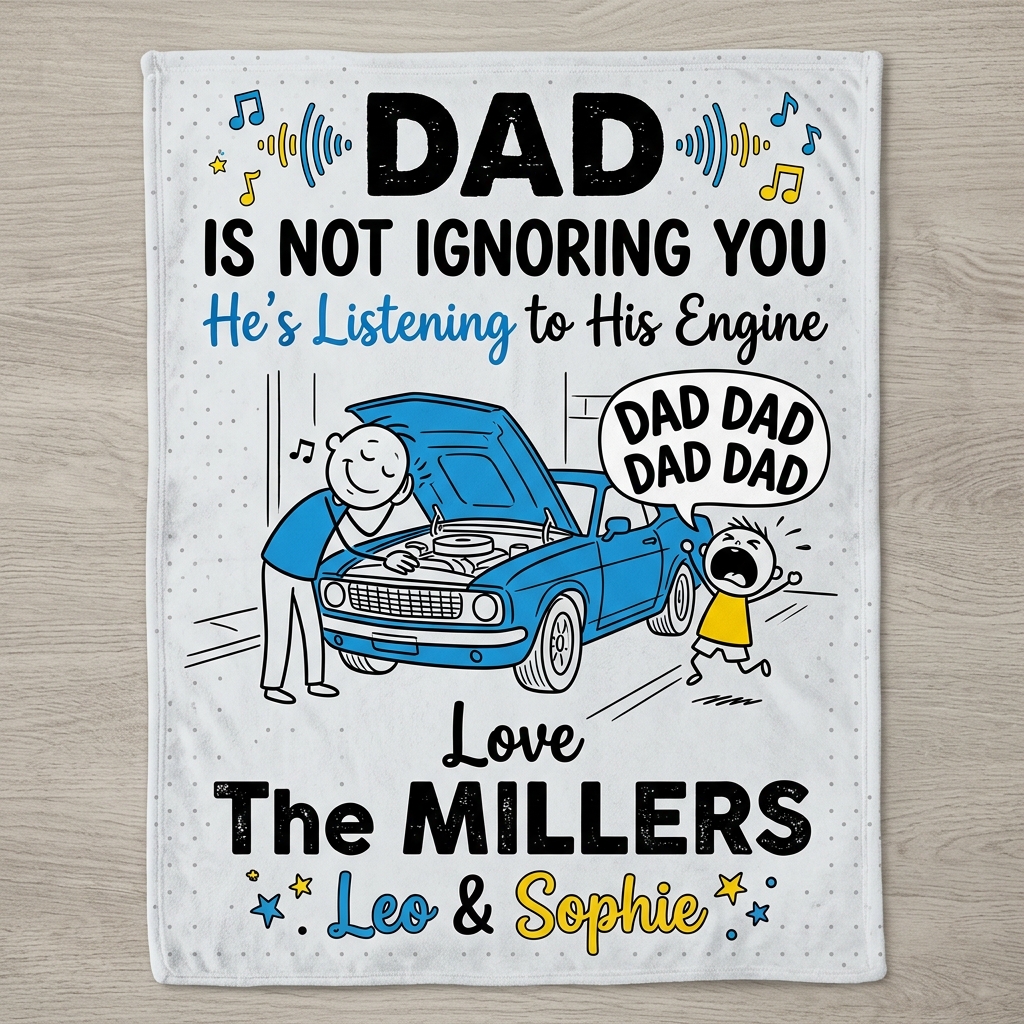 Personalized Funny Car Engine Dad Personalized Family Name Fleece Blanket For Auto Gearhead Fathers