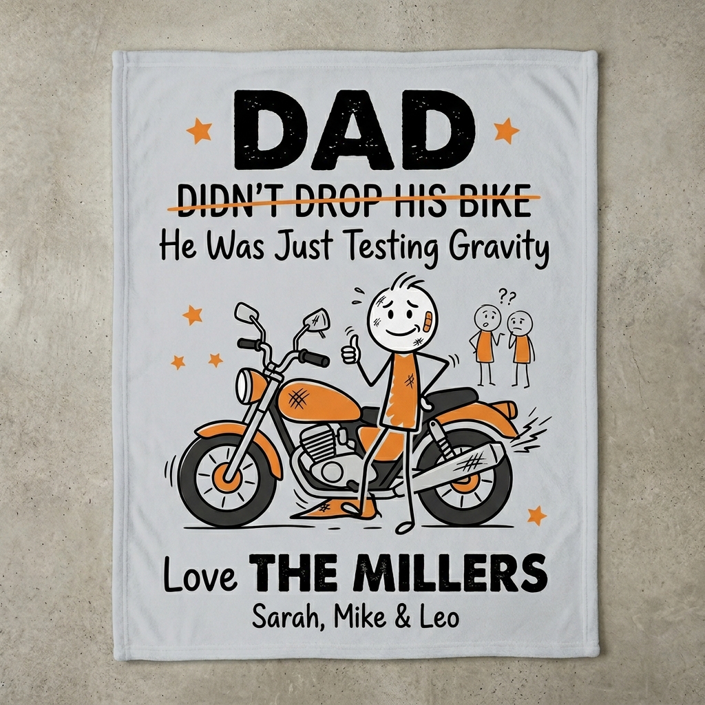 Personalized Funny Motorcycle Dad Testing Gravity Personalized Family Name Fleece Blanket