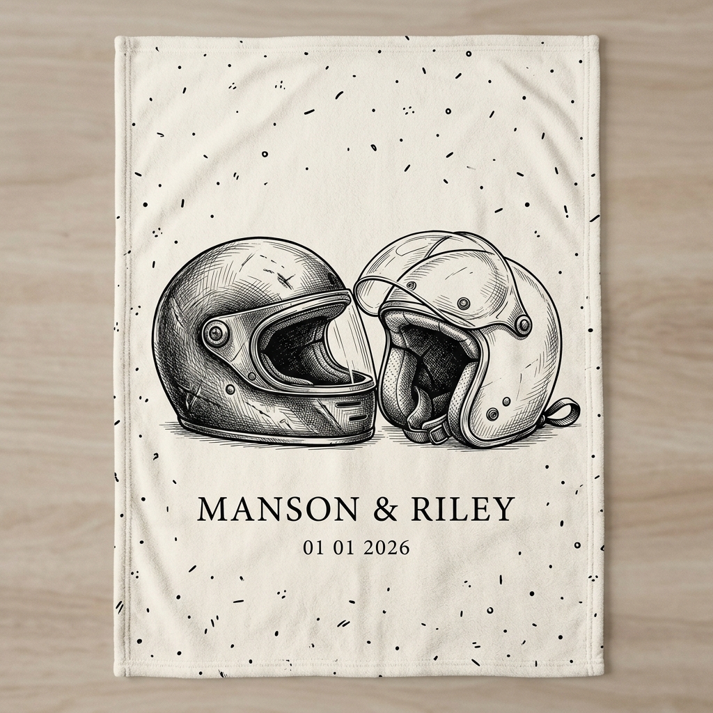 Personalized Vintage Couple Motorcycle Helmets Personalized Name Date Fleece Blanket