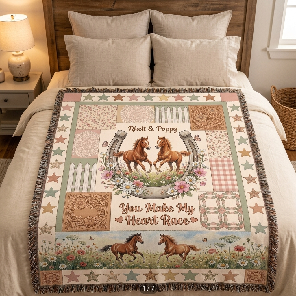 Personalized Tassel Soft Throw Blanket with Name Bedroom Housewarming Anniversary Gift for Couple Horse Owner