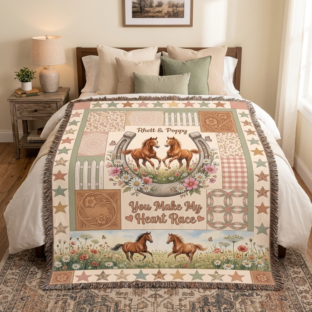 Personalized Tassel Soft Throw Blanket with Name Bedroom Housewarming Anniversary Gift for Couple Horse Owner