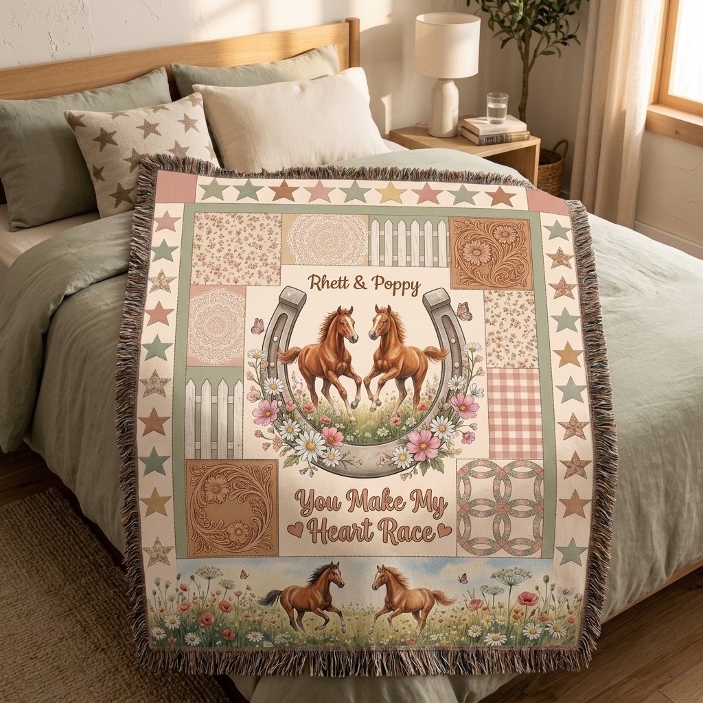 Personalized Tassel Soft Throw Blanket with Name Bedroom Housewarming Anniversary Gift for Couple Horse Owner