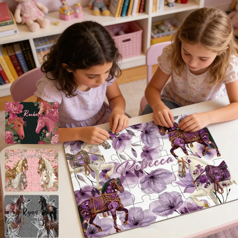 Personalised Children Name Puzzle Kids Custom Floral Star Horse ABC Jigsaw Educational Gift for Riding Lovers Equestrian Lovers
