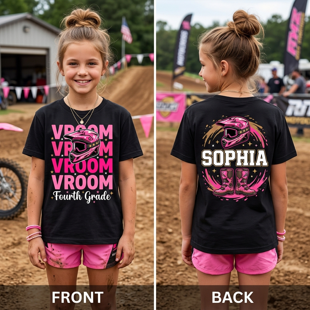 Personalized Name and Grade Vroom Dirt Bike Girls Back To School T-Shirt