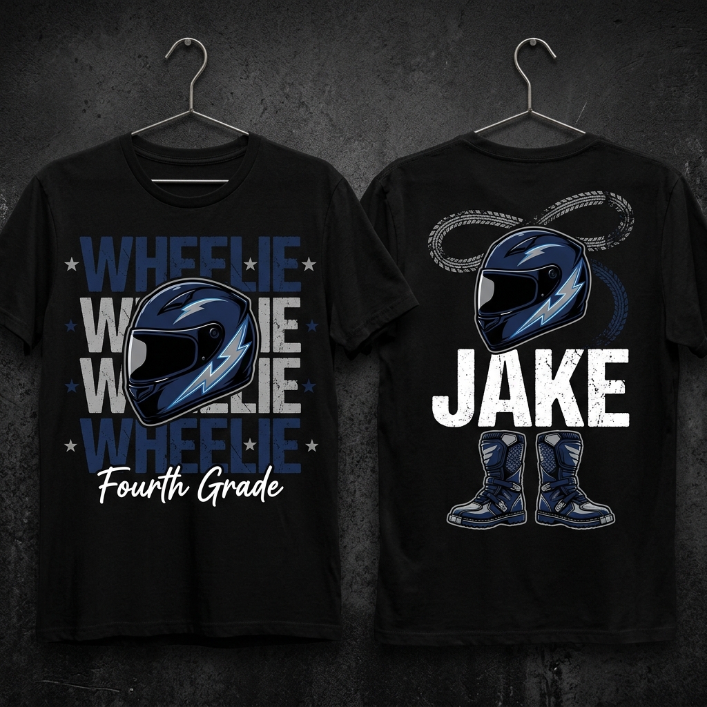 Personalized Name and Grade Wheelie Dirt Bike Kids Back To School T-Shirt