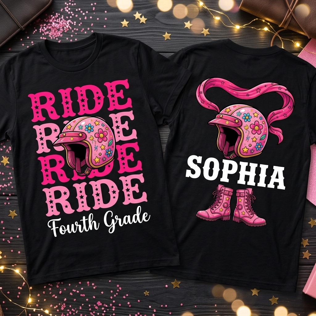 Personalized Name and Grade Ride Dirt Bike Girls Back To School T-Shirt