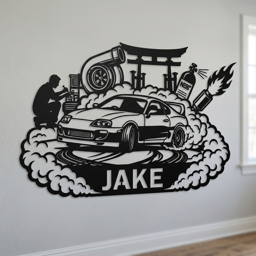 Personalized JDM Supra Drift Car Mechanic Themed Personalized Name Metal Wall Sign