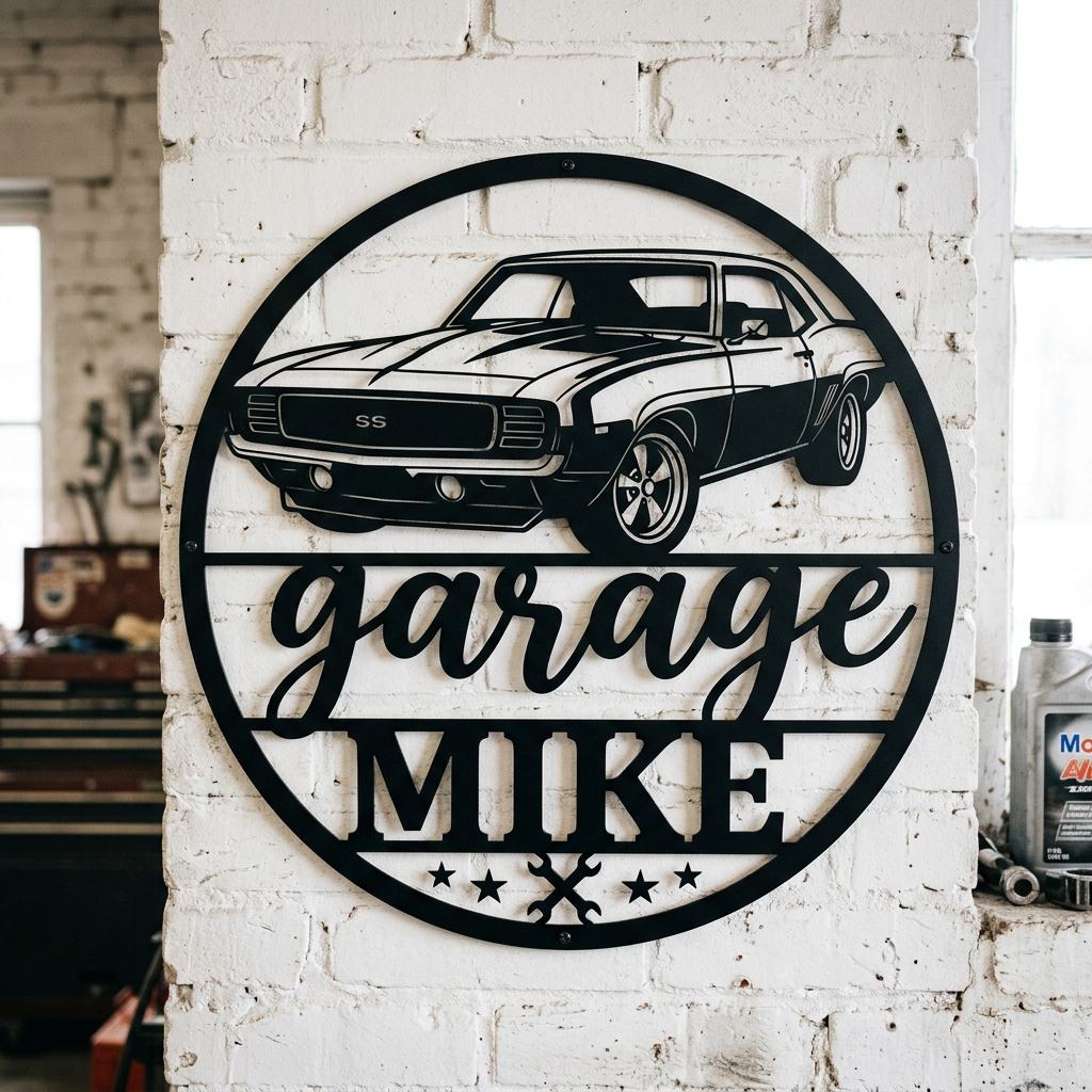 Personalized Classic Car Garage Name Round Metal Wall Sign