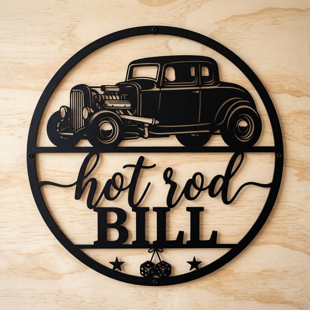 Personalized Classic Car Garage Name Round Metal Wall Sign
