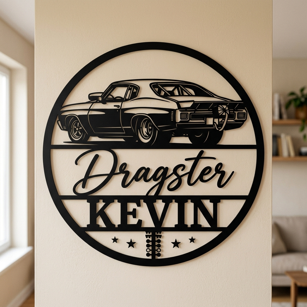 Personalized Classic Car Garage Name Round Metal Wall Sign