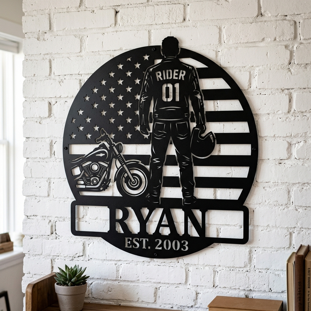 Personalized American Flag Biker Rider Personalized Name Est Year Motorcycle Metal Wall Sign