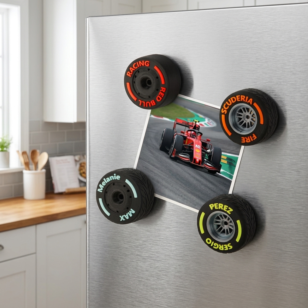 Custom 3D‑Printed Racing Tire Fridge Magnet, Personalized Formula Car Wheel Magnet, Custom Name Race Tire Refrigerator Magnet Gift for Motorsport Fans