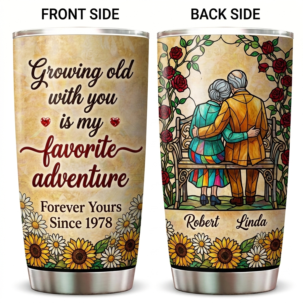 Personalized Growing Old with You is My Favorite Adventure Tumbler Old Couple 20OZ  Tumbler with Name Gift for Wife Husband You're My Today and All My Tomorrows Tumbler for Wife