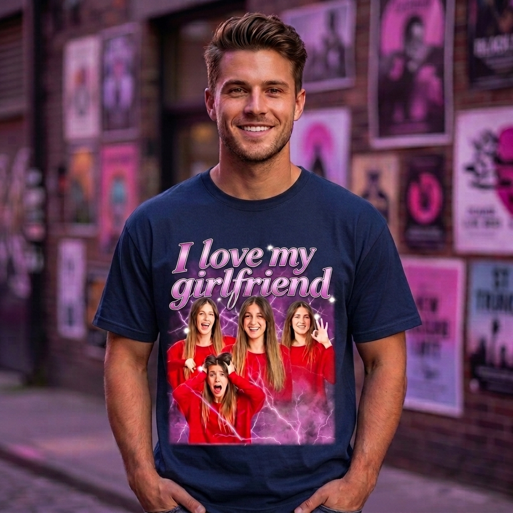 Personalized I Love My Girlfriend Bootleg Style Classic T-Shirt Custom Text Boyfriend Photo Tee Couple Face Rap Style Shirt Valentine's Day Gift for Him Her